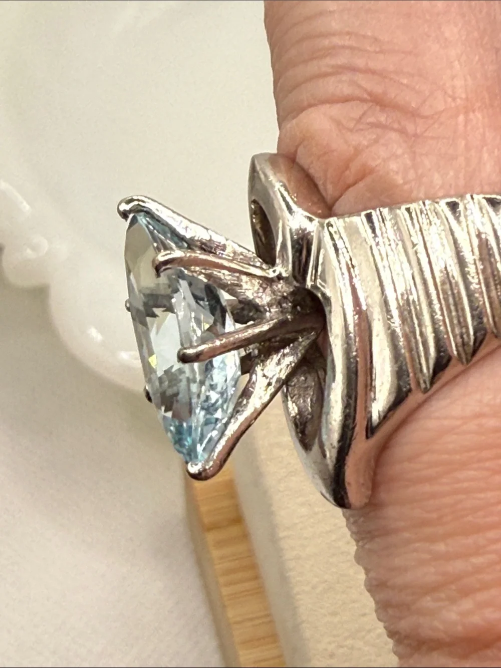 Incredible vintage modernist Silver Ring Blue Marquise Topaz tests sapphire Sz 6